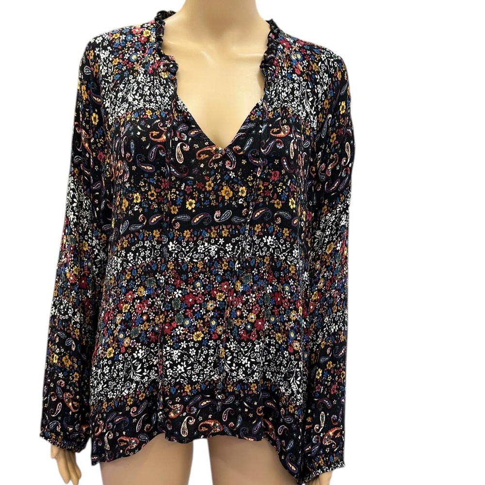 Everleigh Floral Paisley Peasant Blouse Long Sleeve Black Multicolor Womens XL